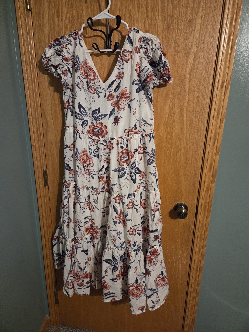 Lucky Brand Cream Midi Dress with Red Floral and Navy Leaves